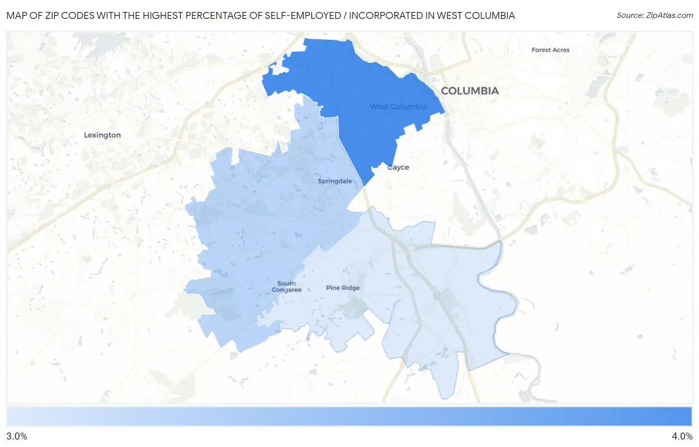 Zip Codes with the Highest Percentage of Self-Employed / Incorporated in West Columbia Map