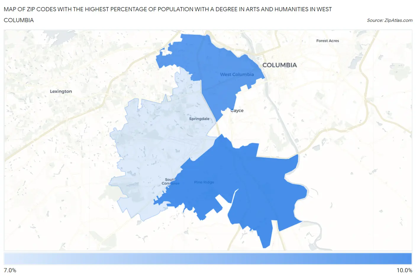 Zip Codes with the Highest Percentage of Population with a Degree in Arts and Humanities in West Columbia Map
