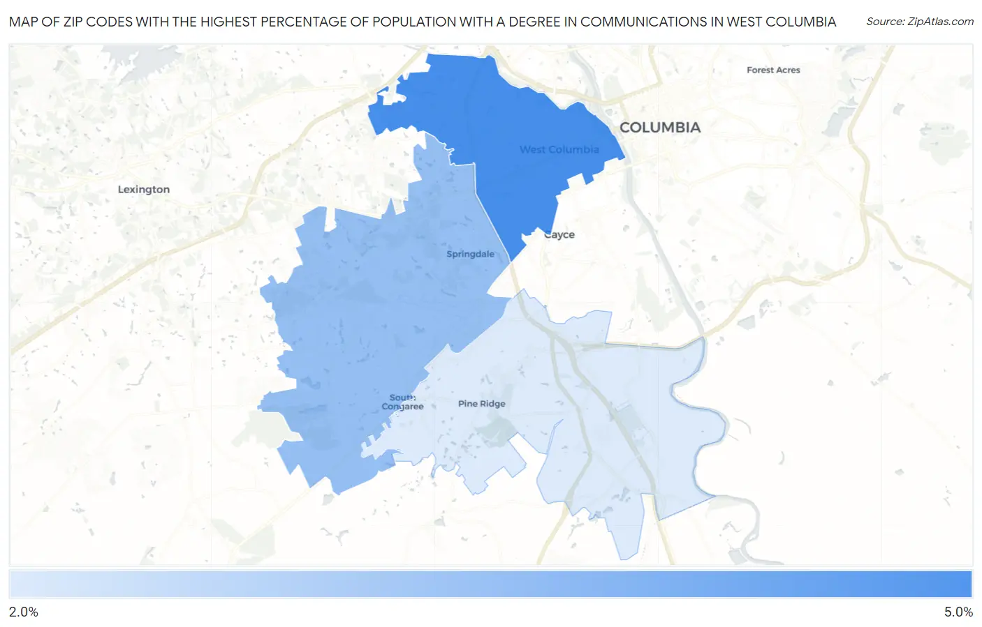 Zip Codes with the Highest Percentage of Population with a Degree in Communications in West Columbia Map