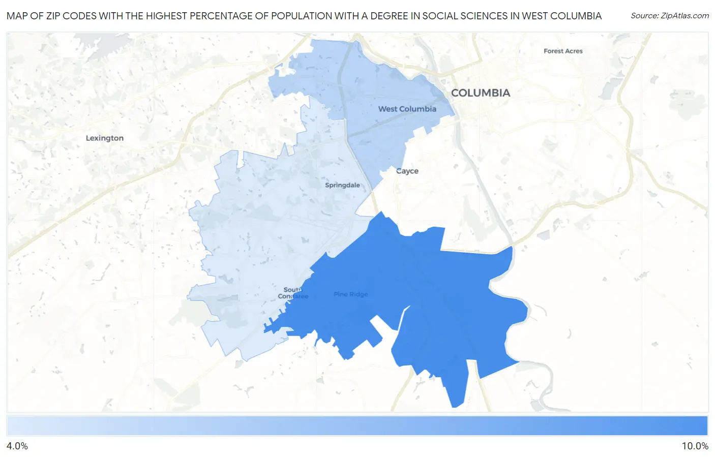 Zip Codes with the Highest Percentage of Population with a Degree in Social Sciences in West Columbia Map