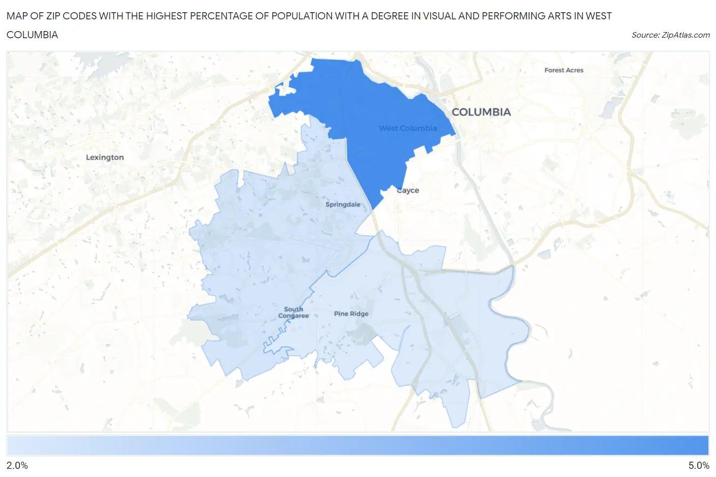 Zip Codes with the Highest Percentage of Population with a Degree in Visual and Performing Arts in West Columbia Map