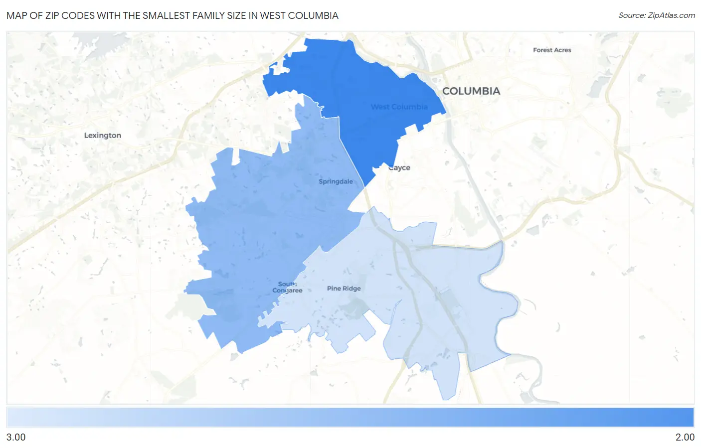 Zip Codes with the Smallest Family Size in West Columbia Map