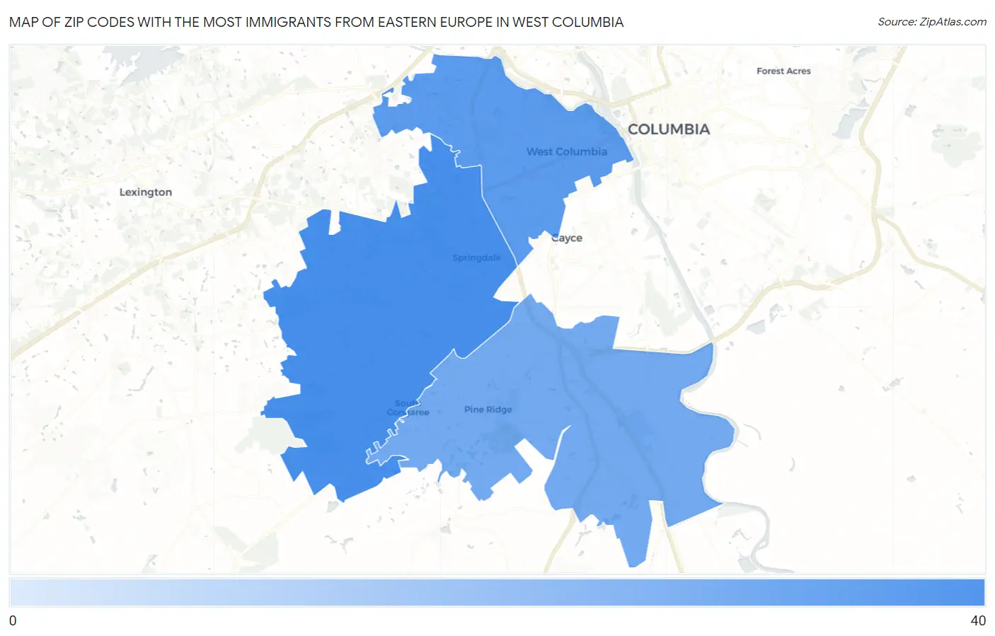 Zip Codes with the Most Immigrants from Eastern Europe in West Columbia Map