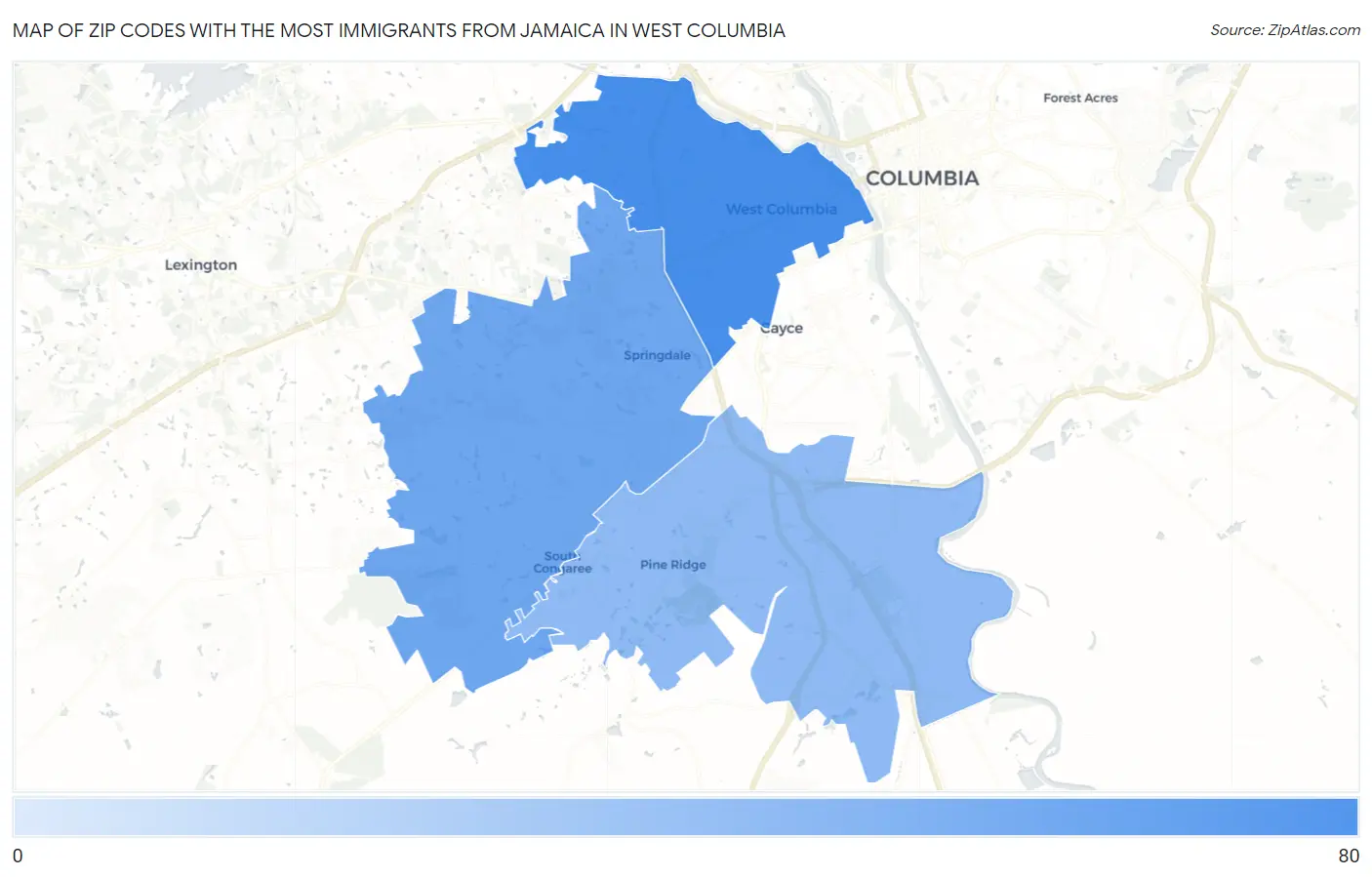 Zip Codes with the Most Immigrants from Jamaica in West Columbia Map