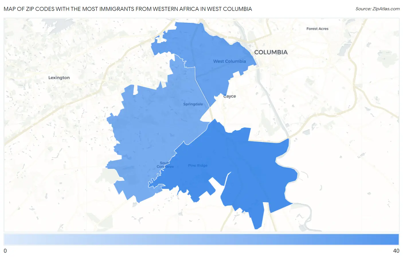 Zip Codes with the Most Immigrants from Western Africa in West Columbia Map
