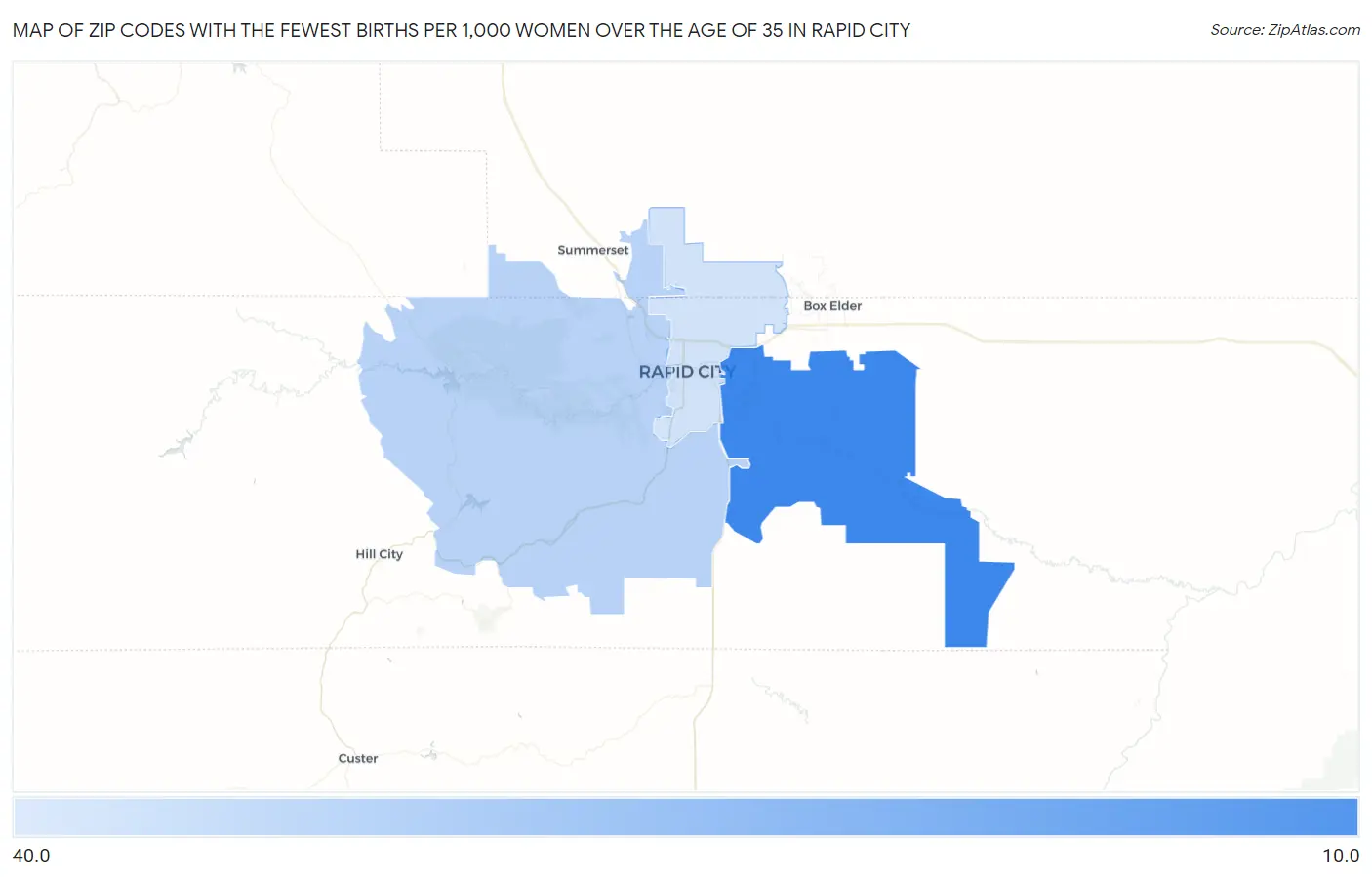 Zip Codes with the Fewest Births per 1,000 Women Over the Age of 35 in Rapid City Map