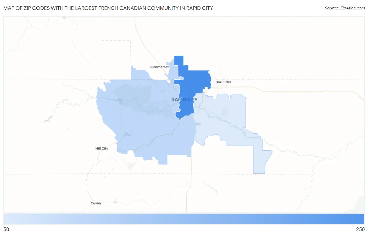 Zip Codes with the Largest French Canadian Community in Rapid City Map