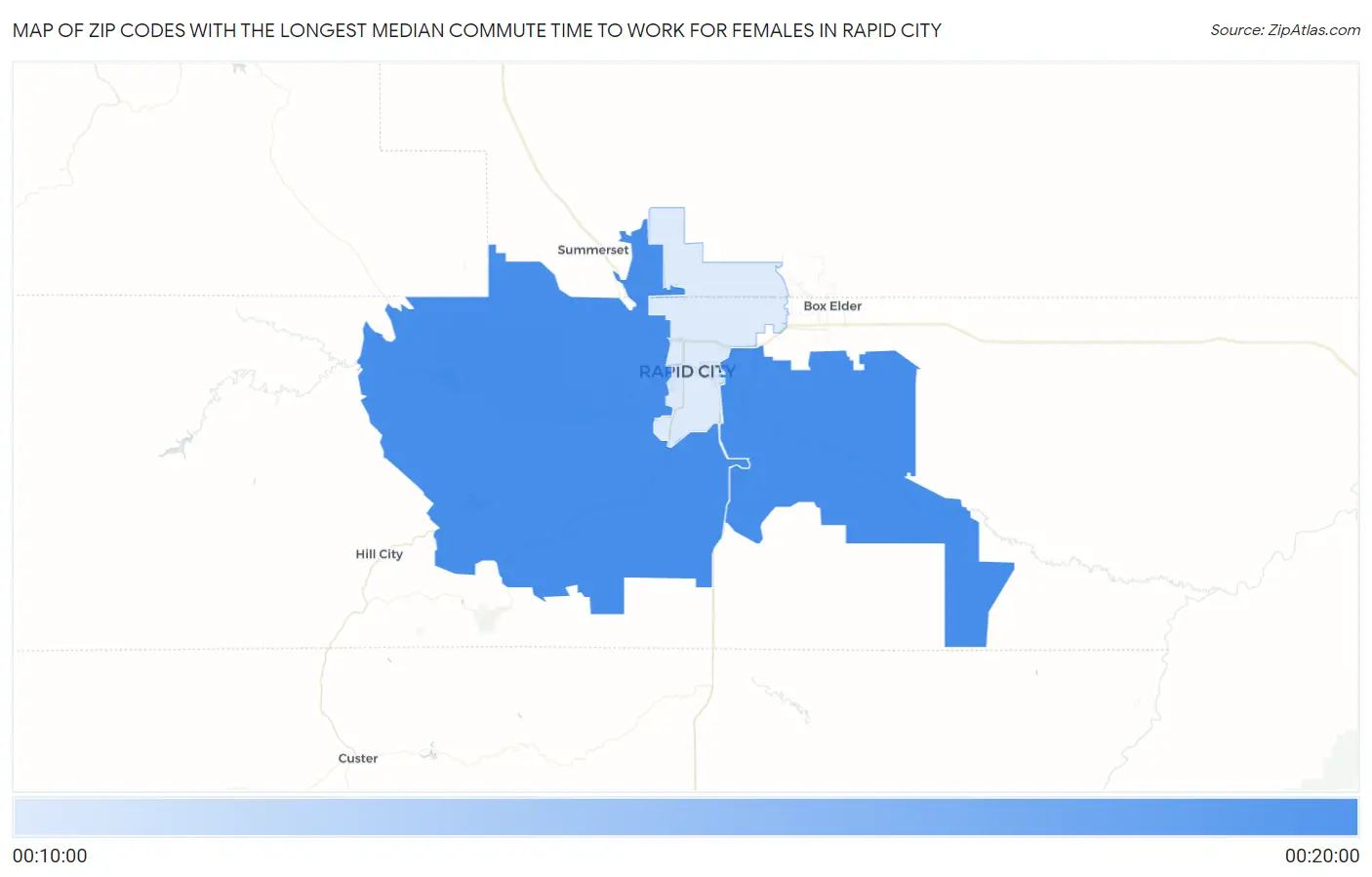 Zip Codes with the Longest Median Commute Time to Work for Females in Rapid City Map