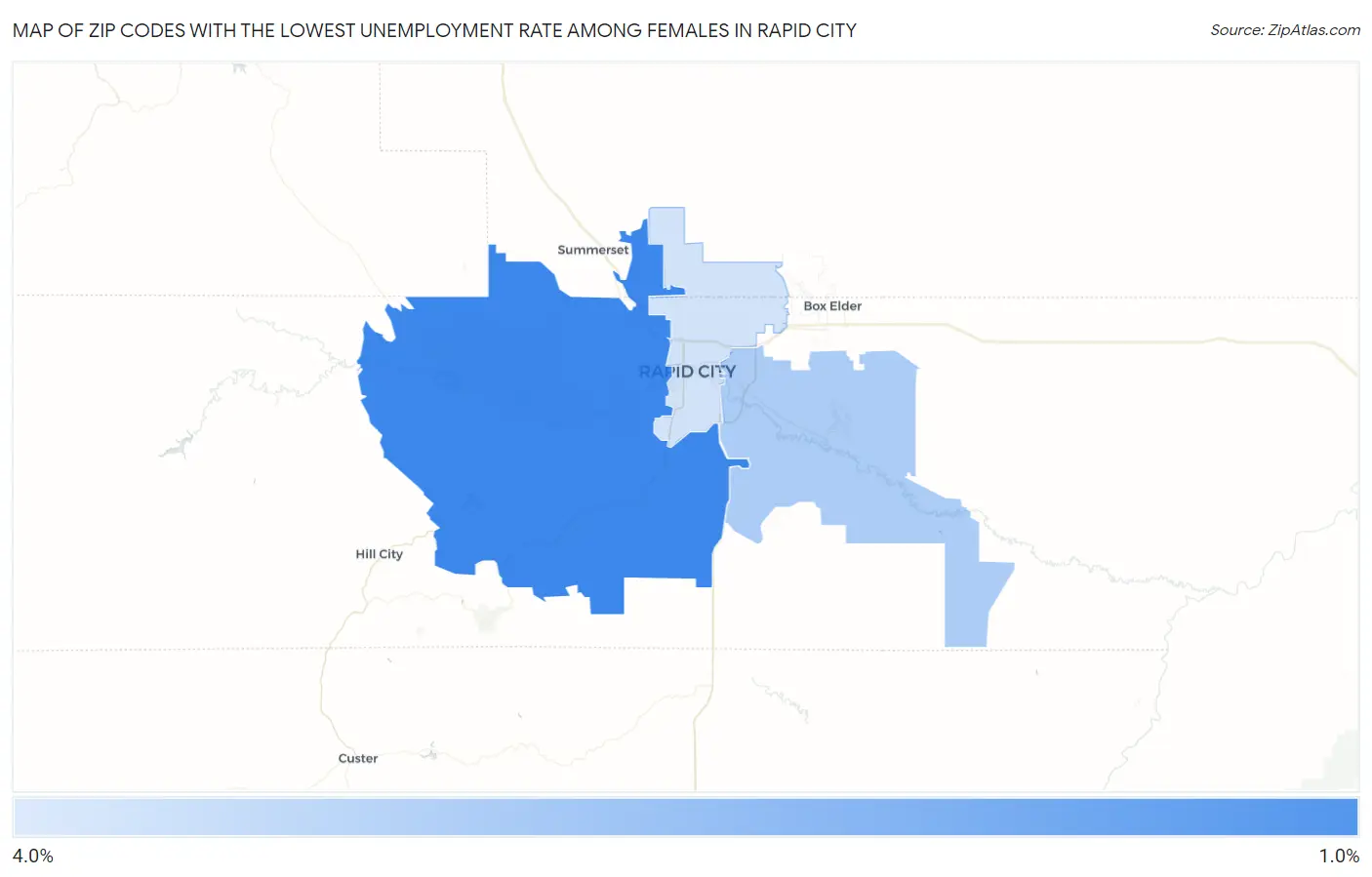 Zip Codes with the Lowest Unemployment Rate Among Females in Rapid City Map