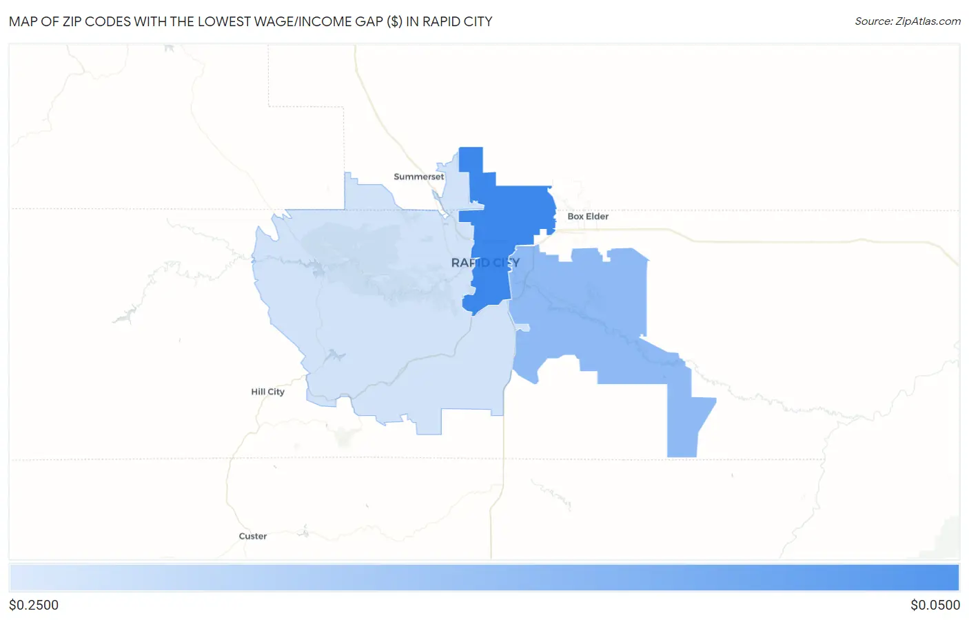 Zip Codes with the Lowest Wage/Income Gap ($) in Rapid City Map