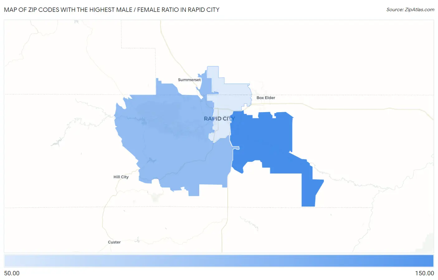 Zip Codes with the Highest Male / Female Ratio in Rapid City Map