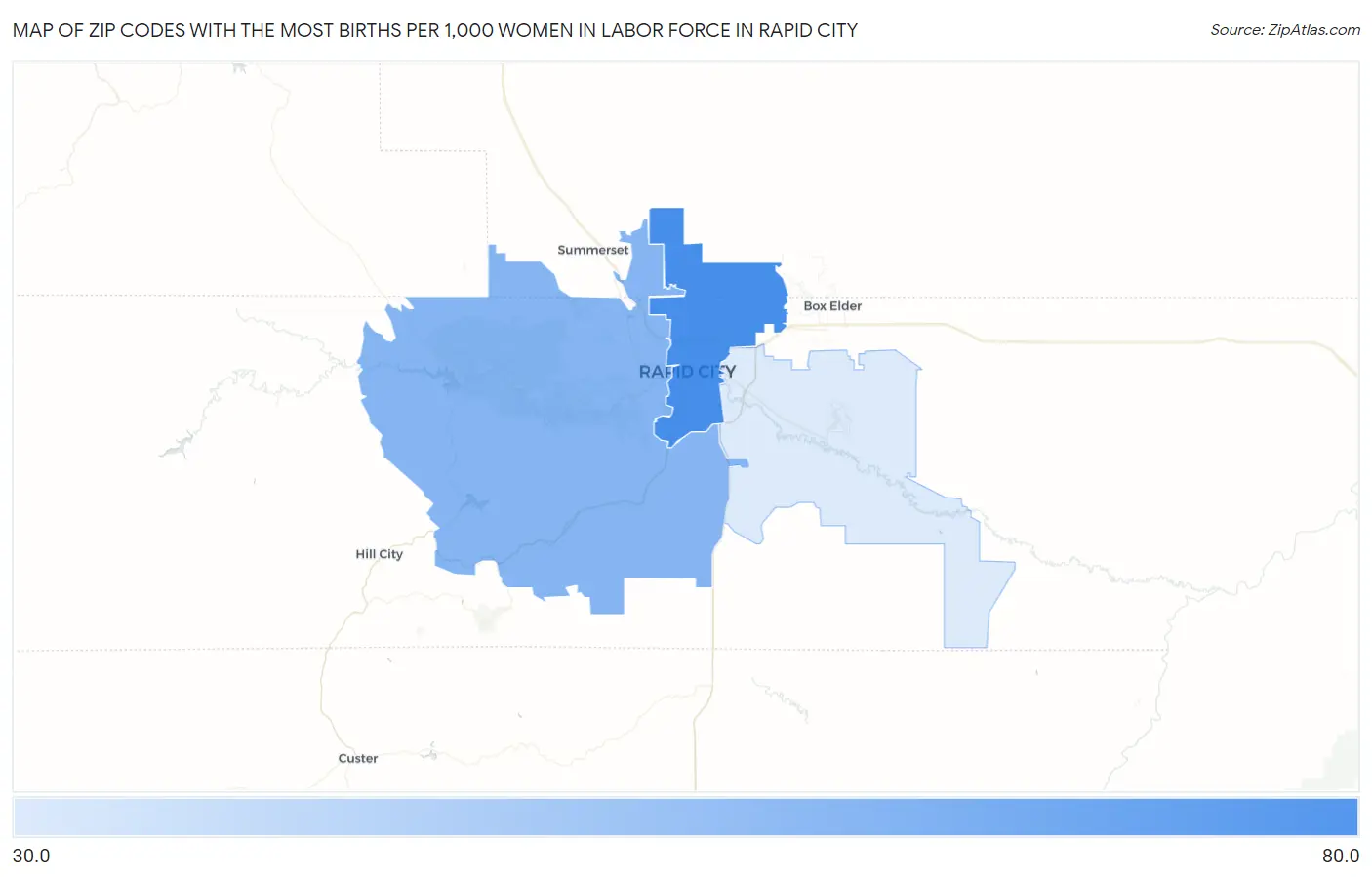 Zip Codes with the Most Births per 1,000 Women in Labor Force in Rapid City Map