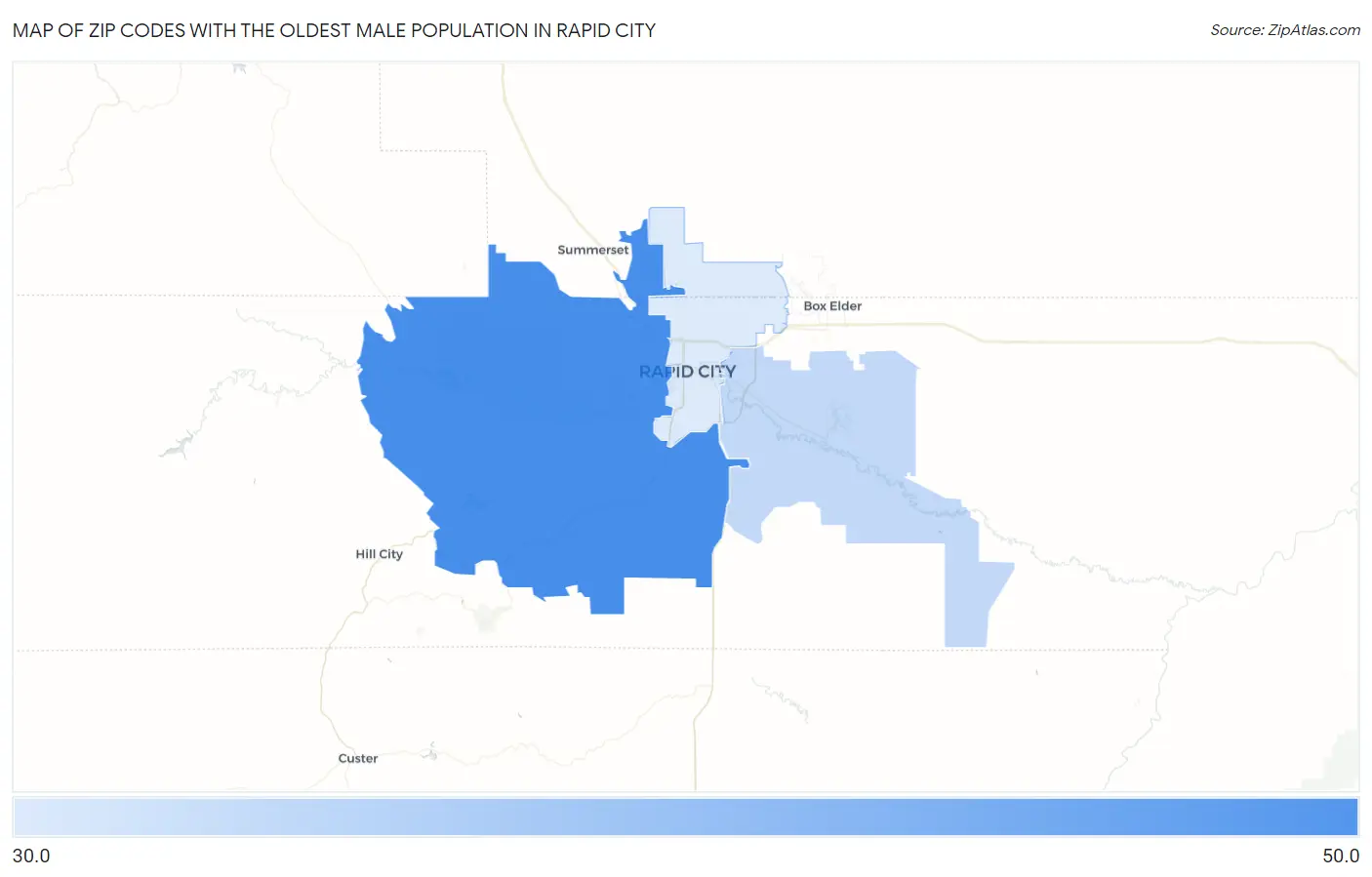 Zip Codes with the Oldest Male Population in Rapid City Map