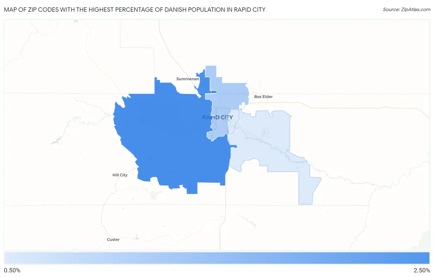 Zip Codes with the Highest Percentage of Danish Population in Rapid City Map