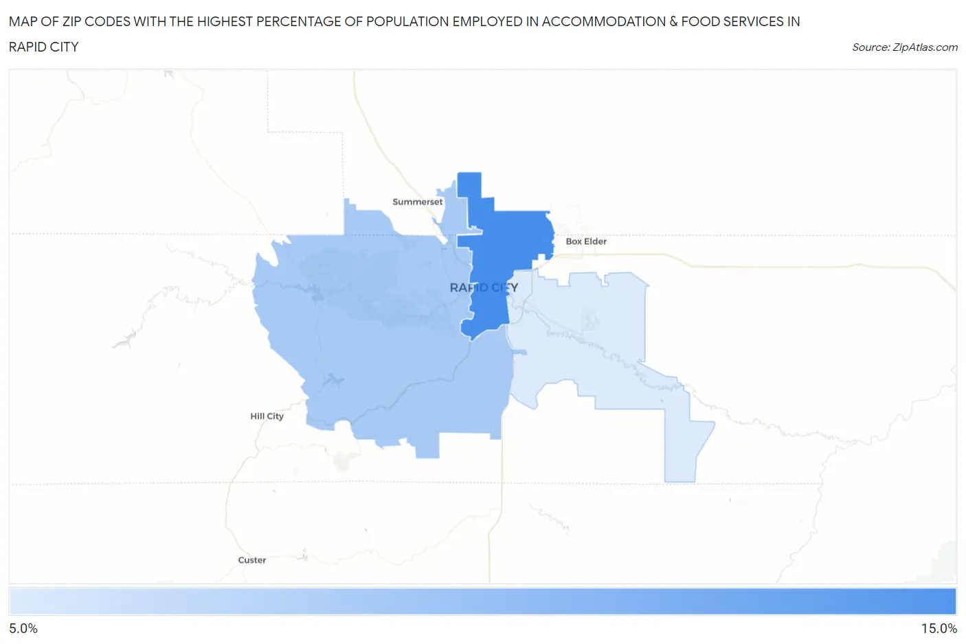 Zip Codes with the Highest Percentage of Population Employed in Accommodation & Food Services in Rapid City Map