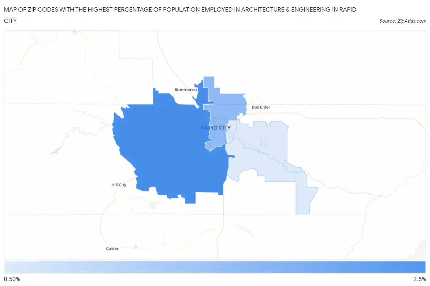 Zip Codes with the Highest Percentage of Population Employed in Architecture & Engineering in Rapid City Map
