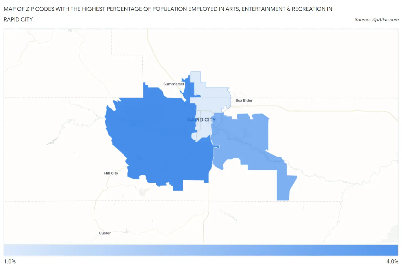 Zip Codes with the Highest Percentage of Population Employed in Arts, Entertainment & Recreation in Rapid City Map