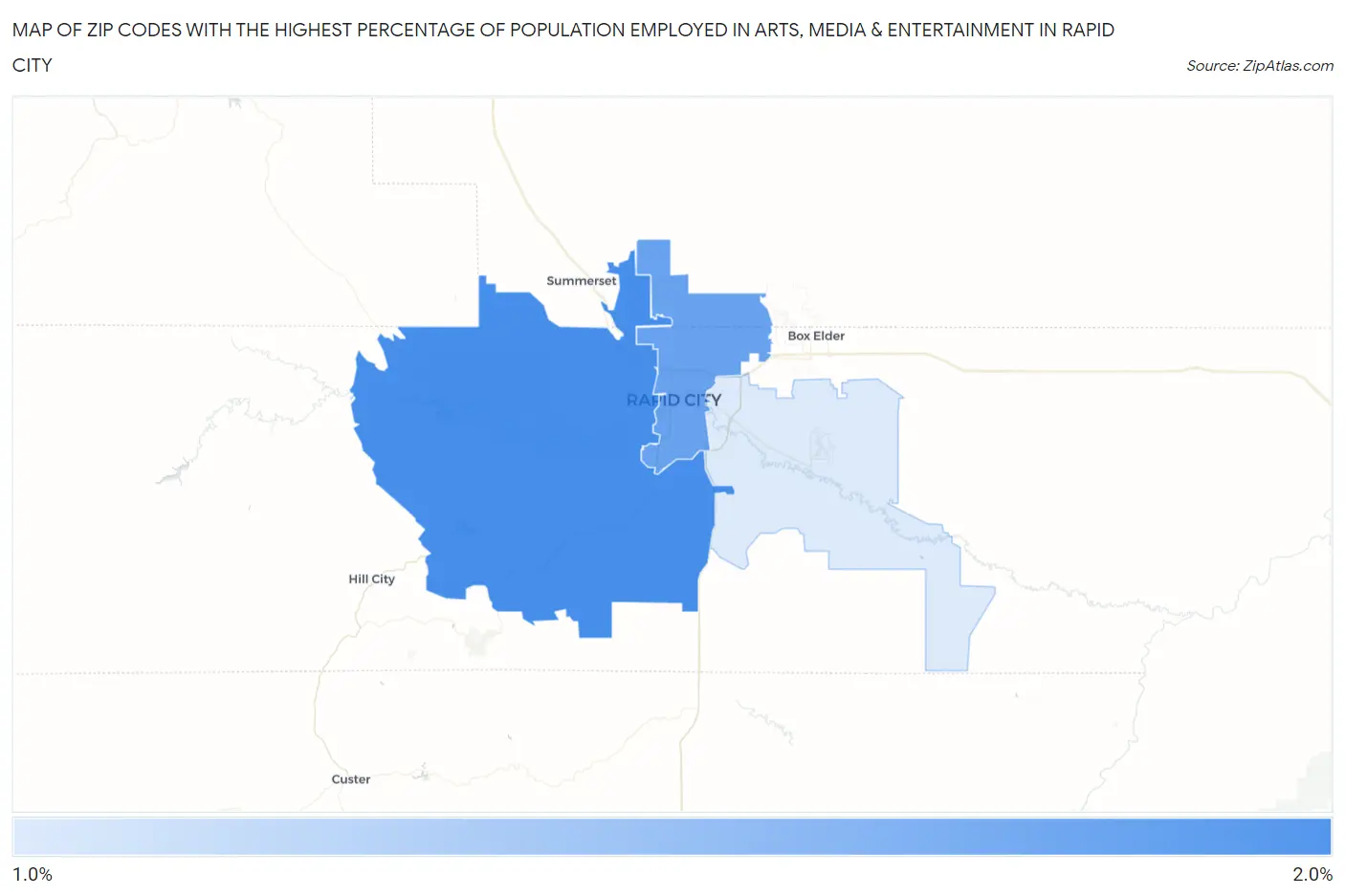 Zip Codes with the Highest Percentage of Population Employed in Arts, Media & Entertainment in Rapid City Map
