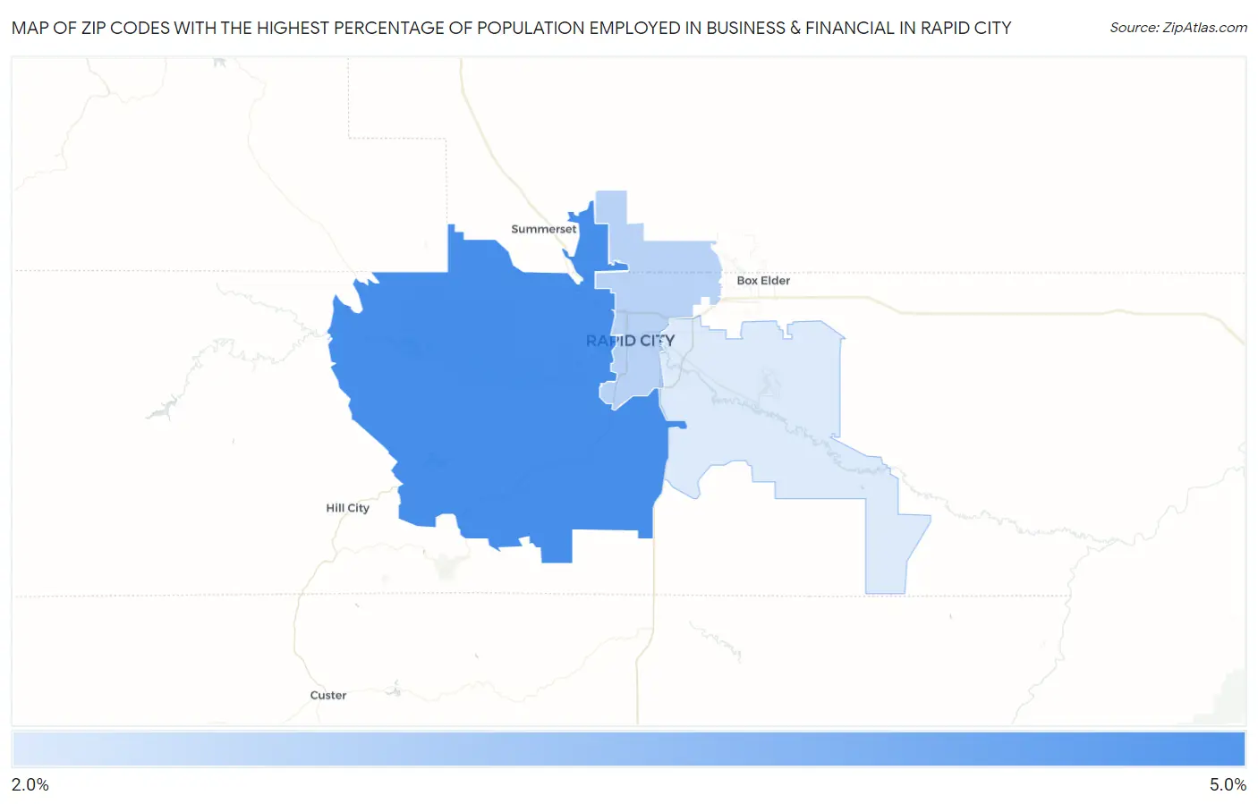 Zip Codes with the Highest Percentage of Population Employed in Business & Financial in Rapid City Map