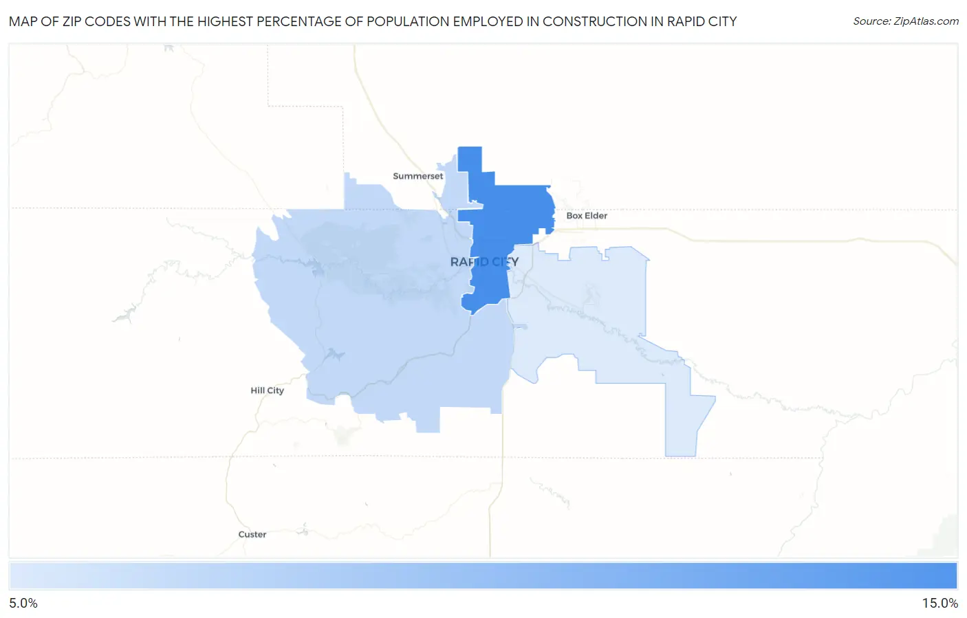 Zip Codes with the Highest Percentage of Population Employed in Construction in Rapid City Map