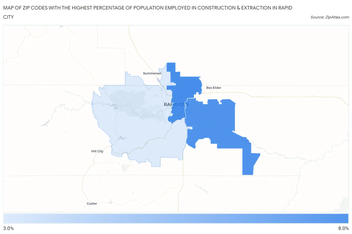 Zip Codes with the Highest Percentage of Population Employed in Construction & Extraction in Rapid City Map