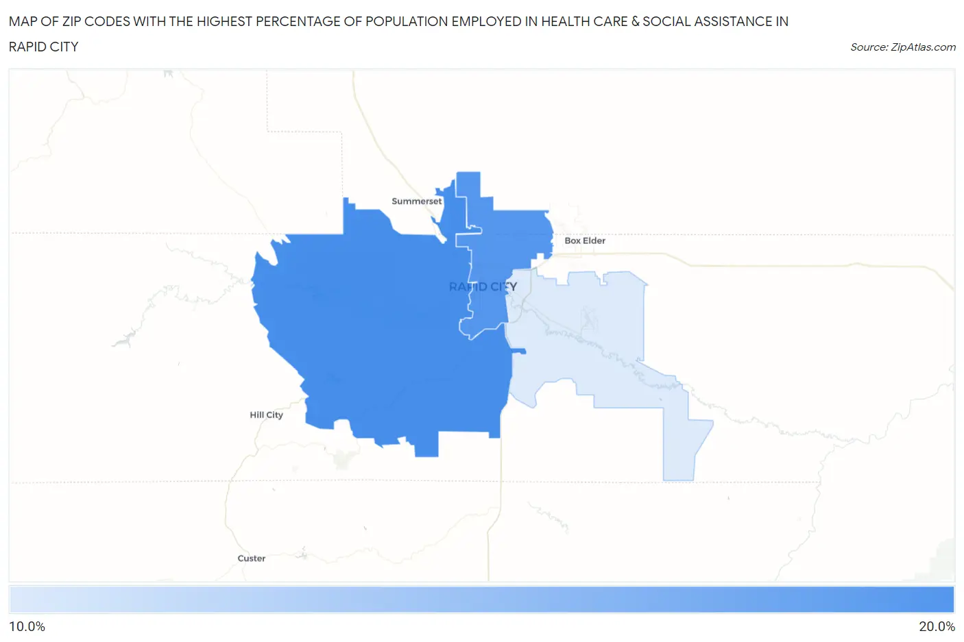 Zip Codes with the Highest Percentage of Population Employed in Health Care & Social Assistance in Rapid City Map