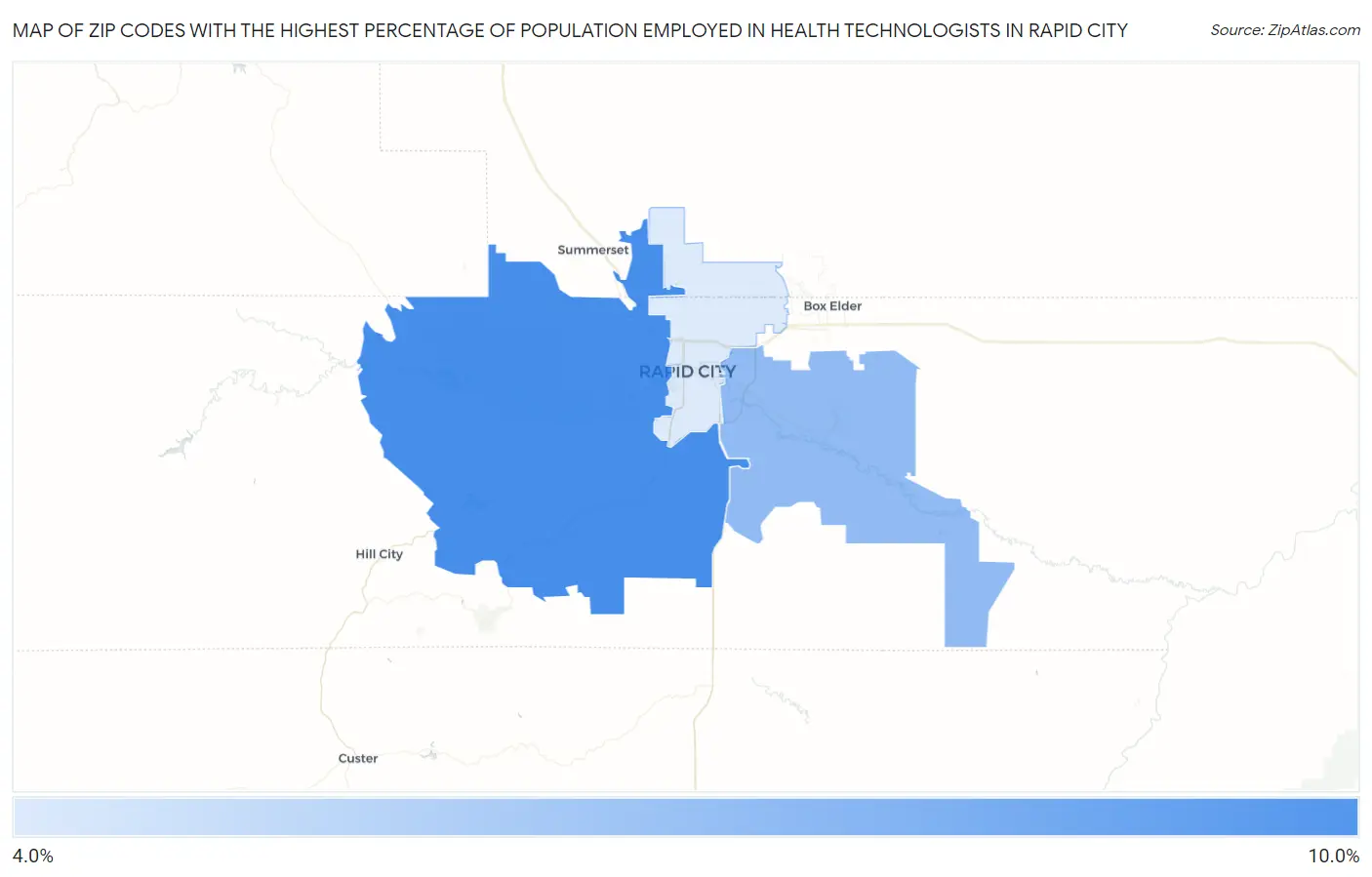 Zip Codes with the Highest Percentage of Population Employed in Health Technologists in Rapid City Map