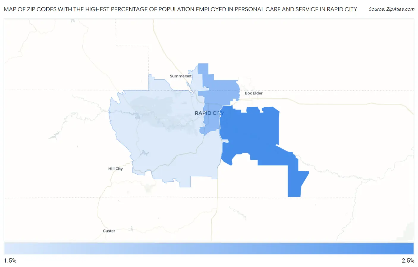 Zip Codes with the Highest Percentage of Population Employed in Personal Care and Service in Rapid City Map
