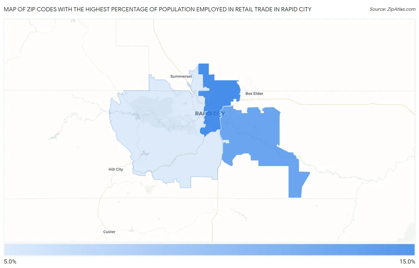 Zip Codes with the Highest Percentage of Population Employed in Retail Trade in Rapid City Map