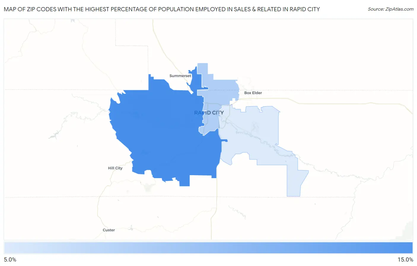 Zip Codes with the Highest Percentage of Population Employed in Sales & Related in Rapid City Map