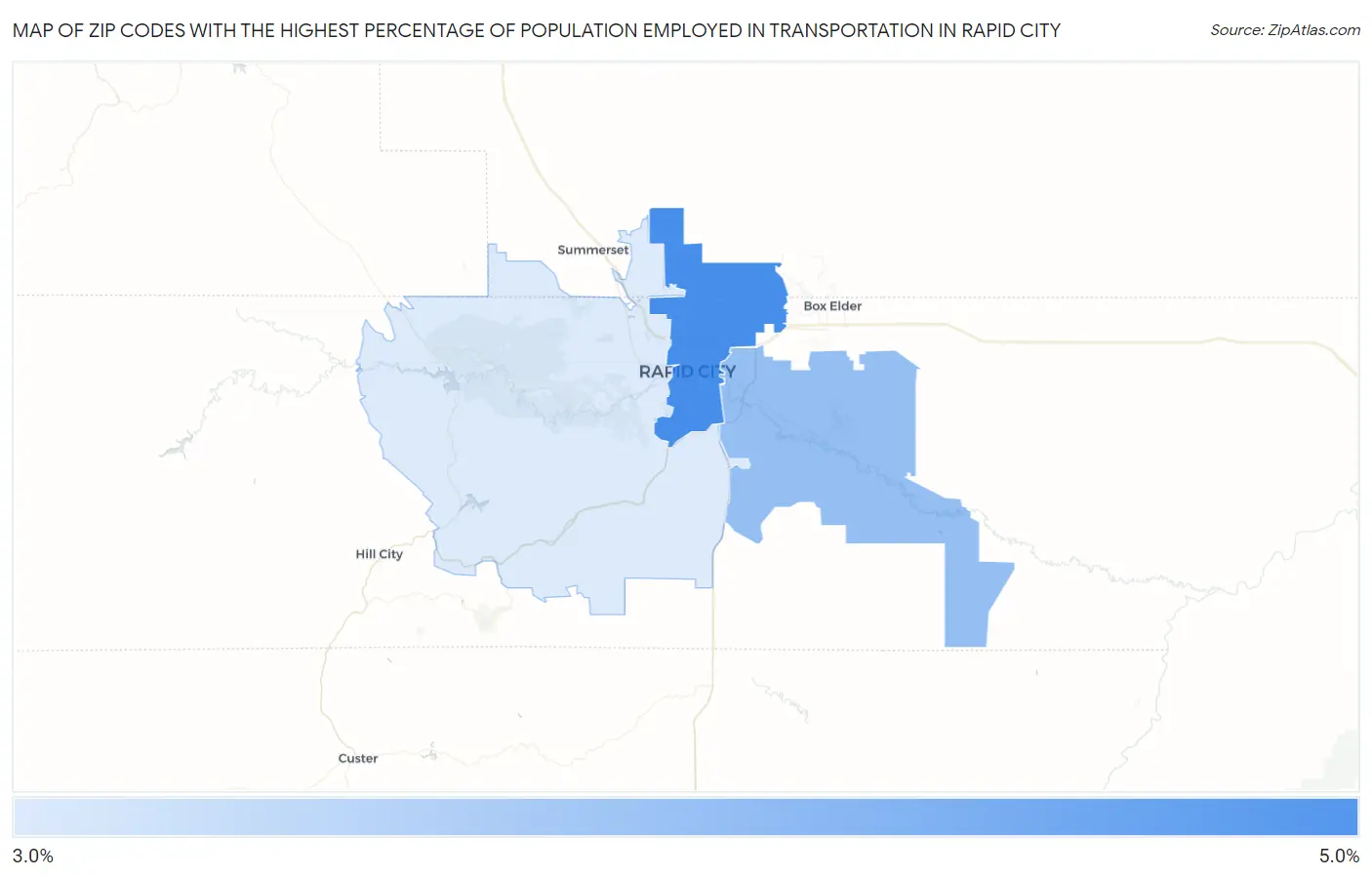 Zip Codes with the Highest Percentage of Population Employed in Transportation in Rapid City Map