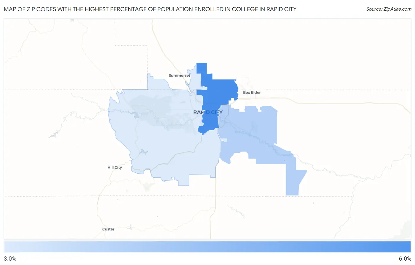 Zip Codes with the Highest Percentage of Population Enrolled in College in Rapid City Map