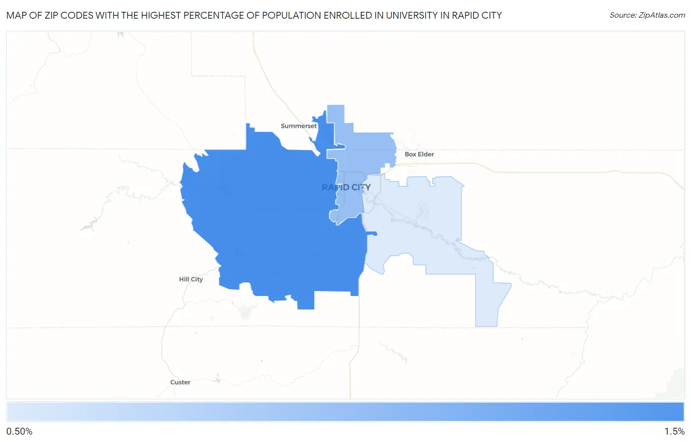 Zip Codes with the Highest Percentage of Population Enrolled in University in Rapid City Map