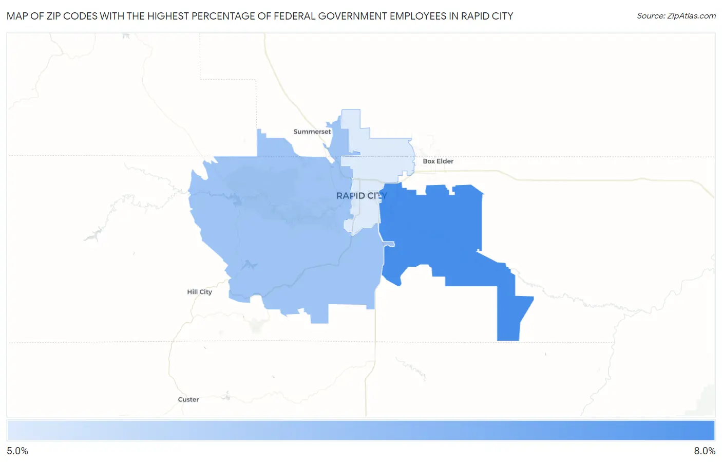 Zip Codes with the Highest Percentage of Federal Government Employees in Rapid City Map
