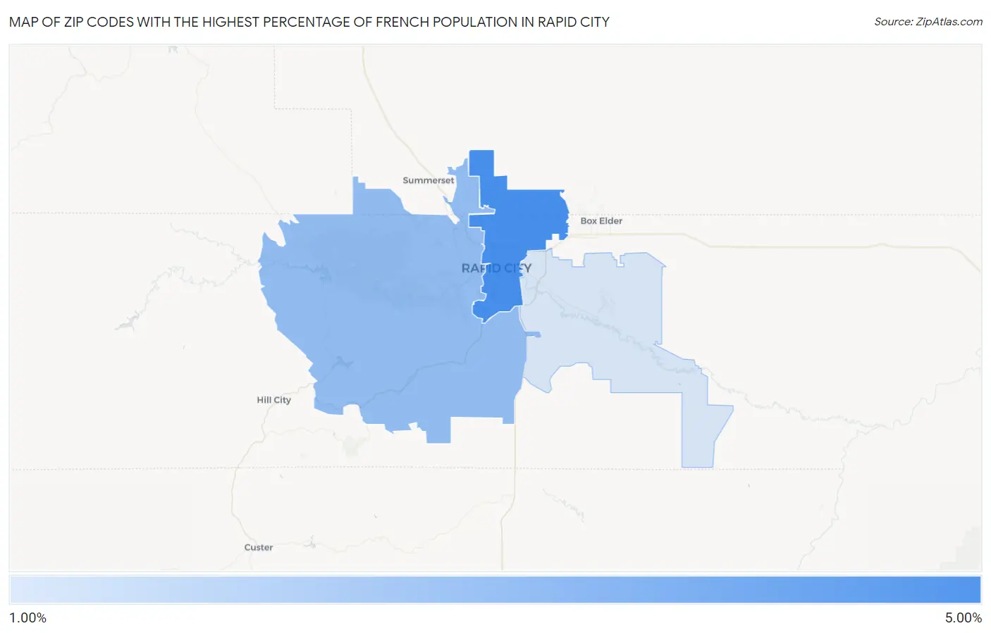 Zip Codes with the Highest Percentage of French Population in Rapid City Map