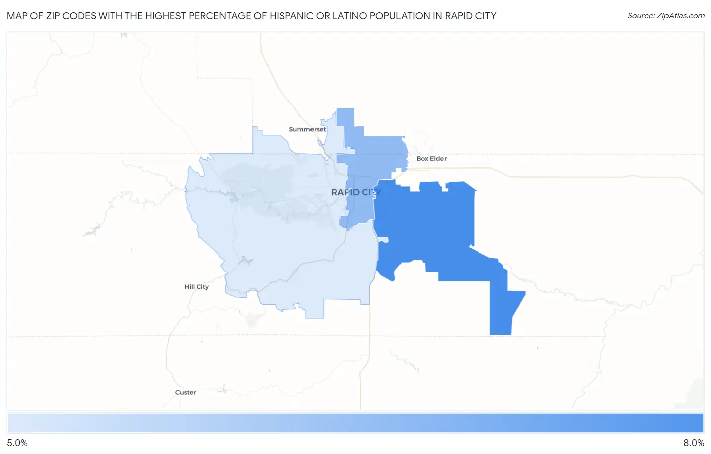 Zip Codes with the Highest Percentage of Hispanic or Latino Population in Rapid City Map