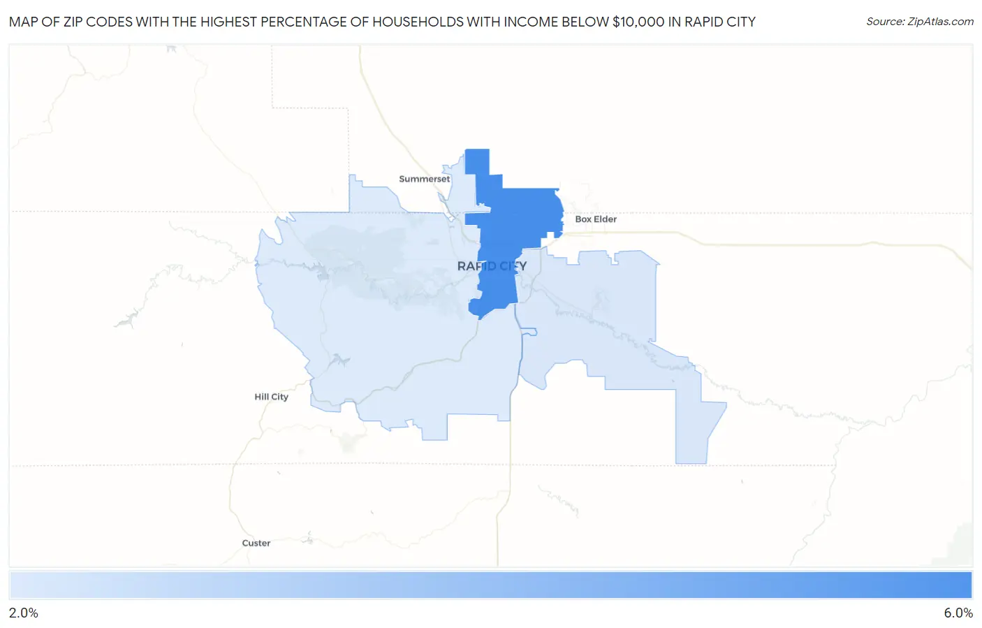 Zip Codes with the Highest Percentage of Households with Income Below $10,000 in Rapid City Map