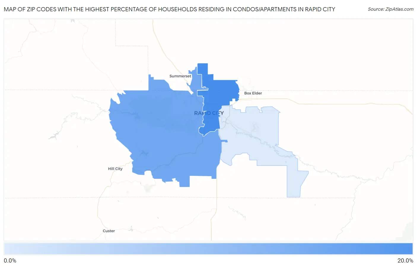Zip Codes with the Highest Percentage of Households Residing in Condos/Apartments in Rapid City Map