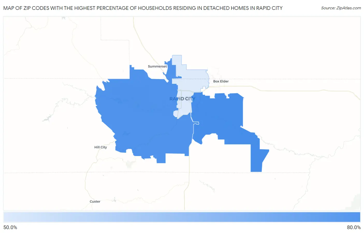 Zip Codes with the Highest Percentage of Households Residing in Detached Homes in Rapid City Map