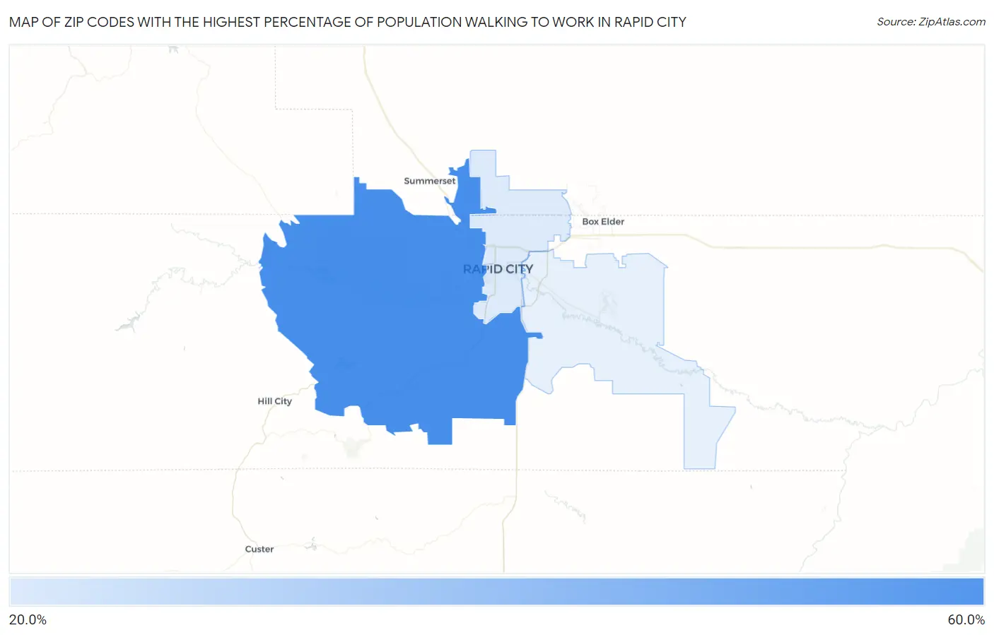 Zip Codes with the Highest Percentage of Population Walking to Work in Rapid City Map