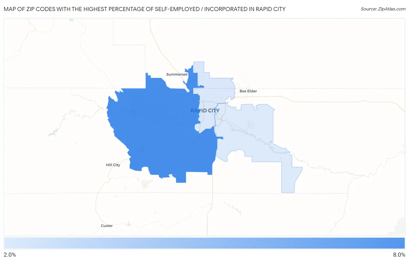 Zip Codes with the Highest Percentage of Self-Employed / Incorporated in Rapid City Map