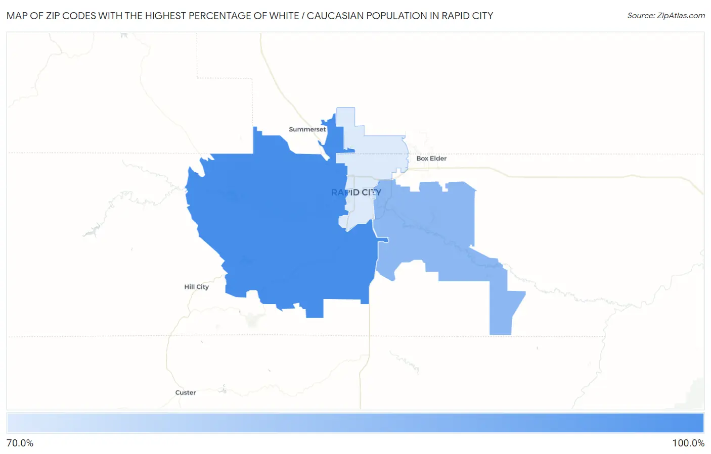 Zip Codes with the Highest Percentage of White / Caucasian Population in Rapid City Map