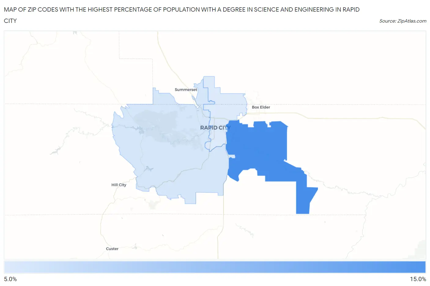 Zip Codes with the Highest Percentage of Population with a Degree in Science and Engineering in Rapid City Map