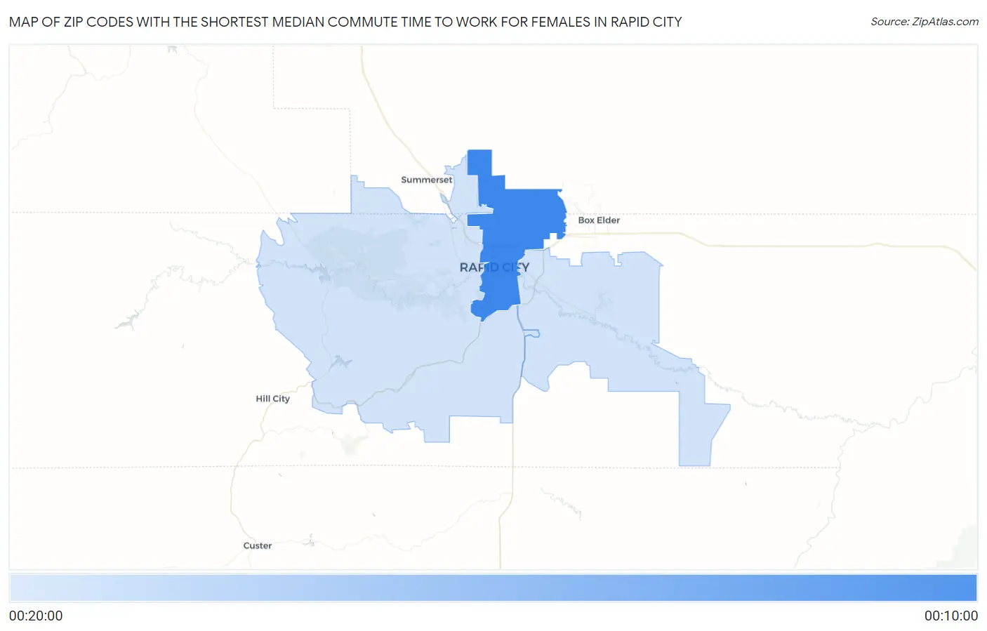 Zip Codes with the Shortest Median Commute Time to Work for Females in Rapid City Map
