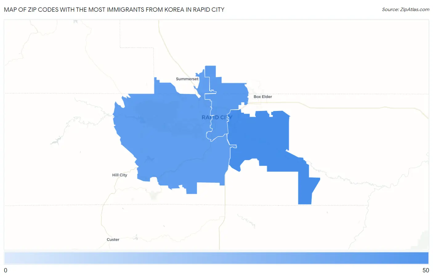 Zip Codes with the Most Immigrants from Korea in Rapid City Map