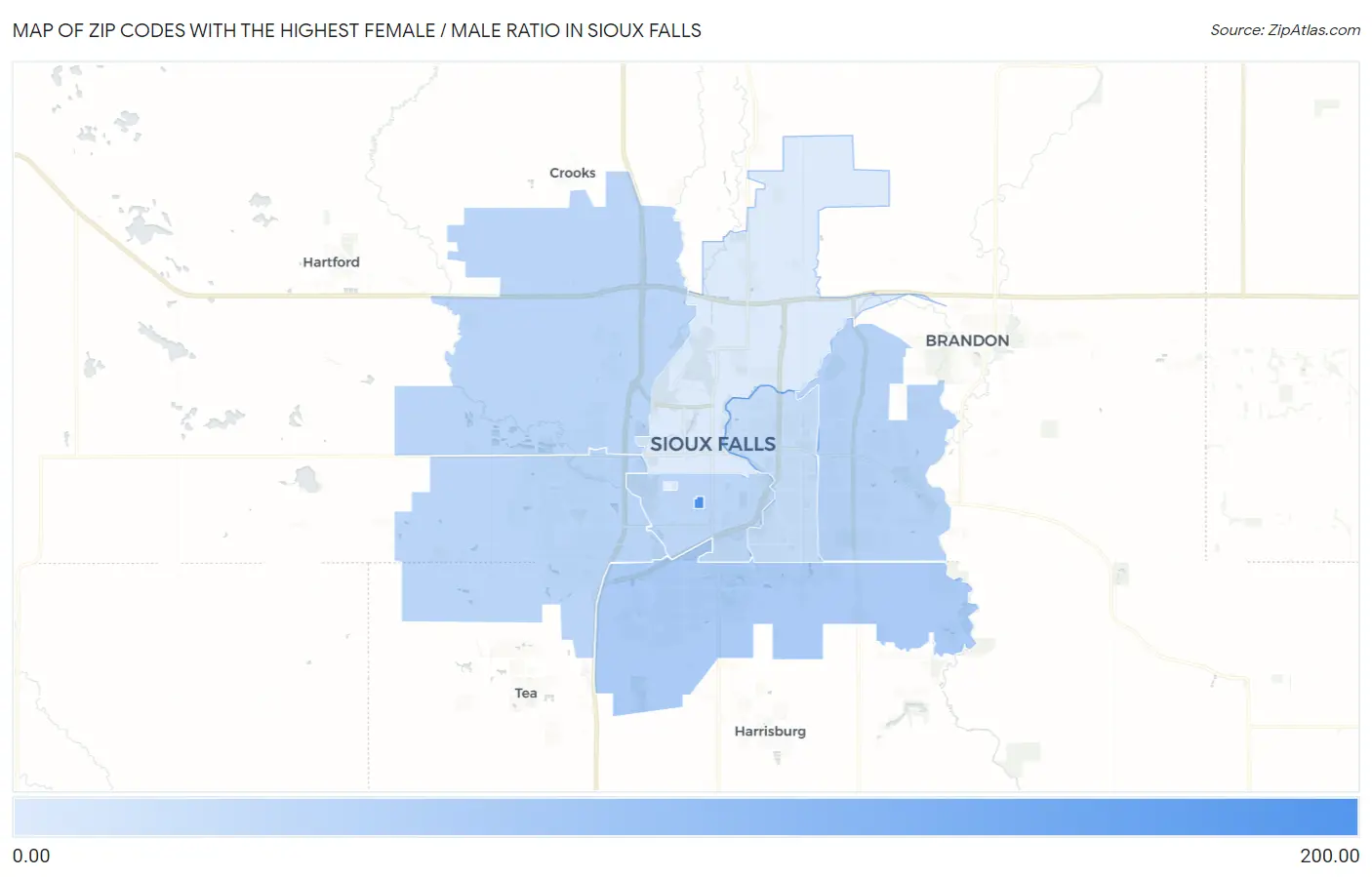 Zip Codes with the Highest Female / Male Ratio in Sioux Falls Map