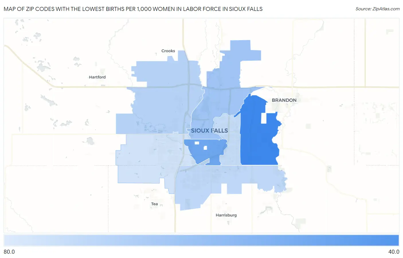 Zip Codes with the Lowest Births per 1,000 Women in Labor Force in Sioux Falls Map