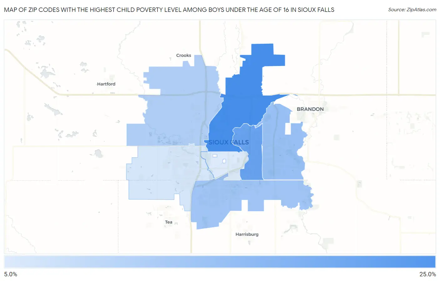 Zip Codes with the Highest Child Poverty Level Among Boys Under the Age of 16 in Sioux Falls Map