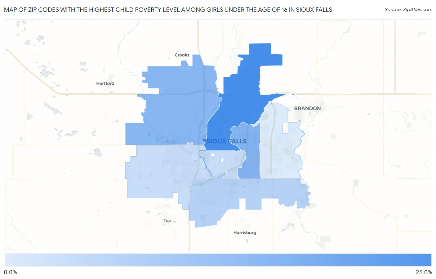 Zip Codes with the Highest Child Poverty Level Among Girls Under the Age of 16 in Sioux Falls Map