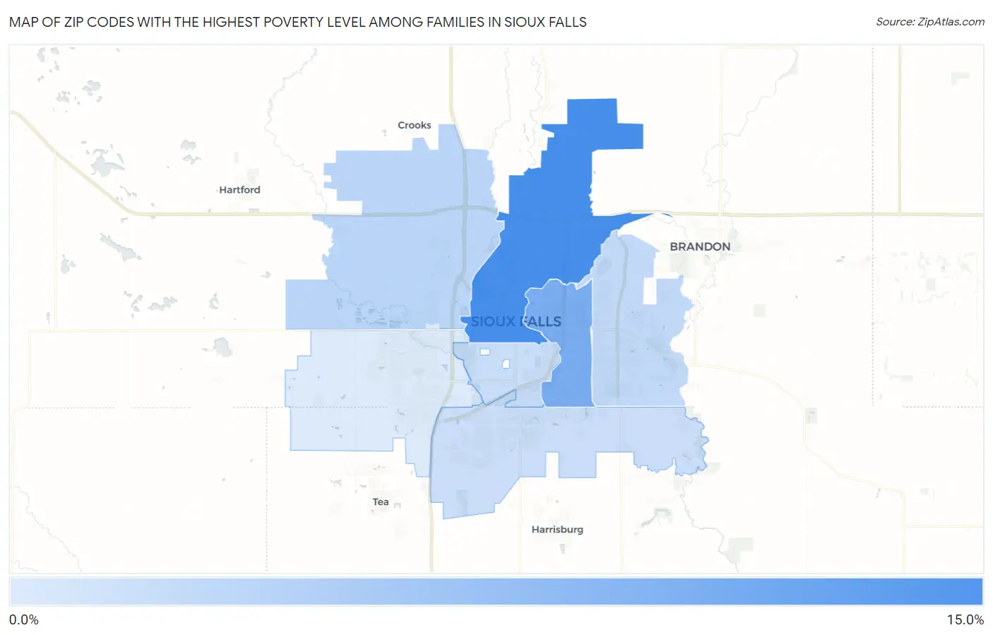 Zip Codes with the Highest Poverty Level Among Families in Sioux Falls Map